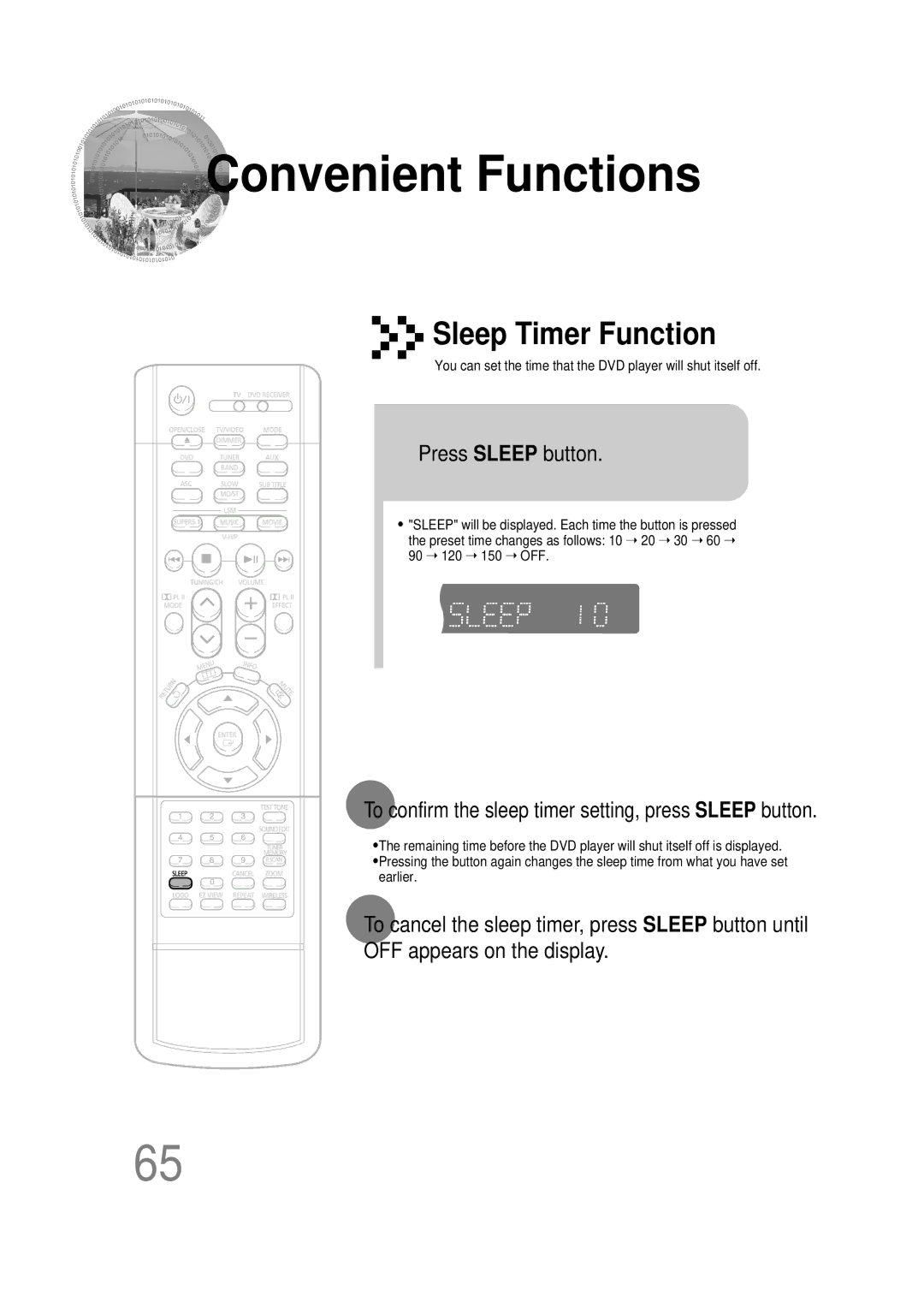 Samsung HT-DB390 Convenient Functions, Press Sleep button, To confirm the sleep timer setting, press Sleep button 