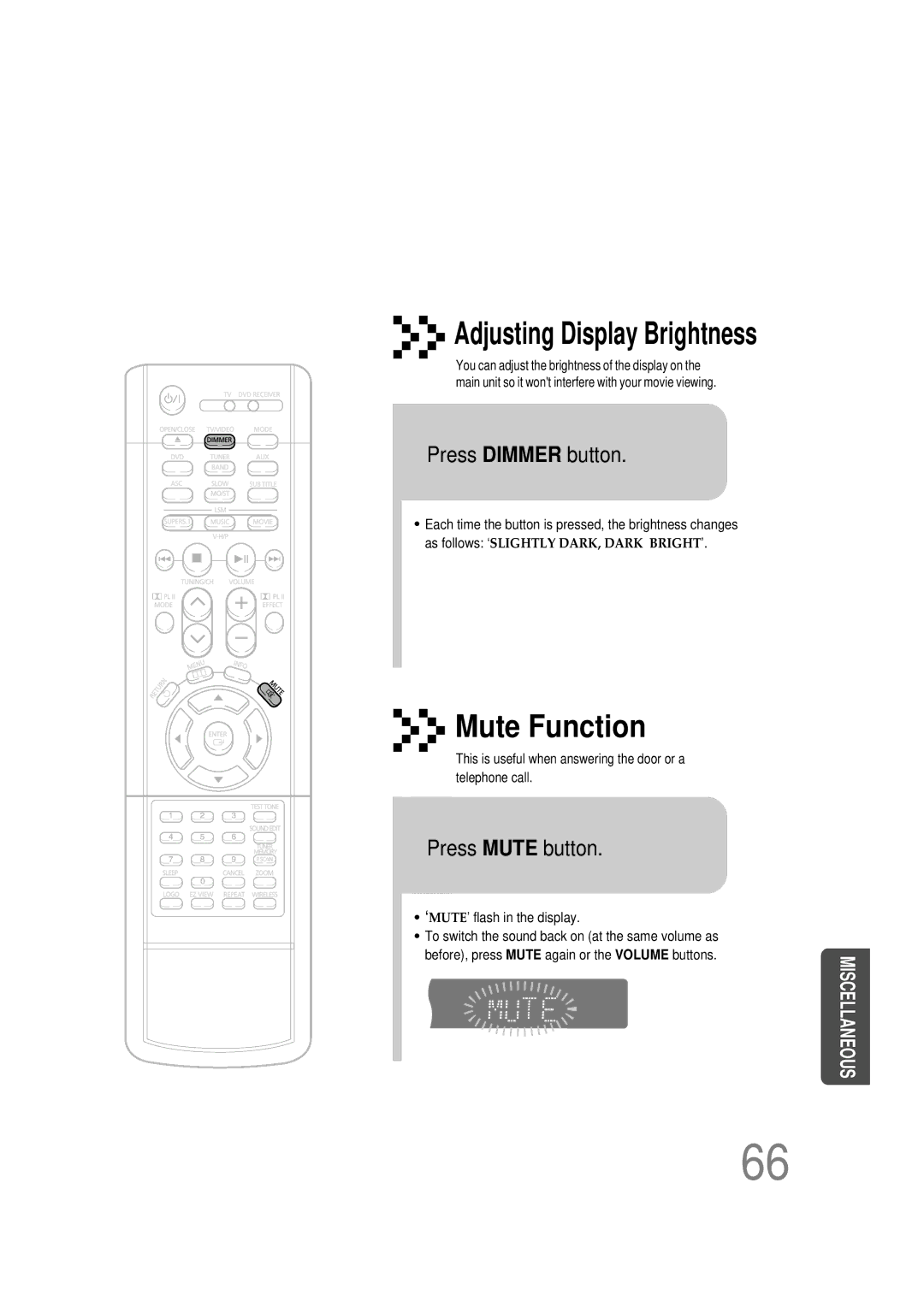 Samsung HT-DB390 instruction manual Press Dimmer button, Press Mute button 