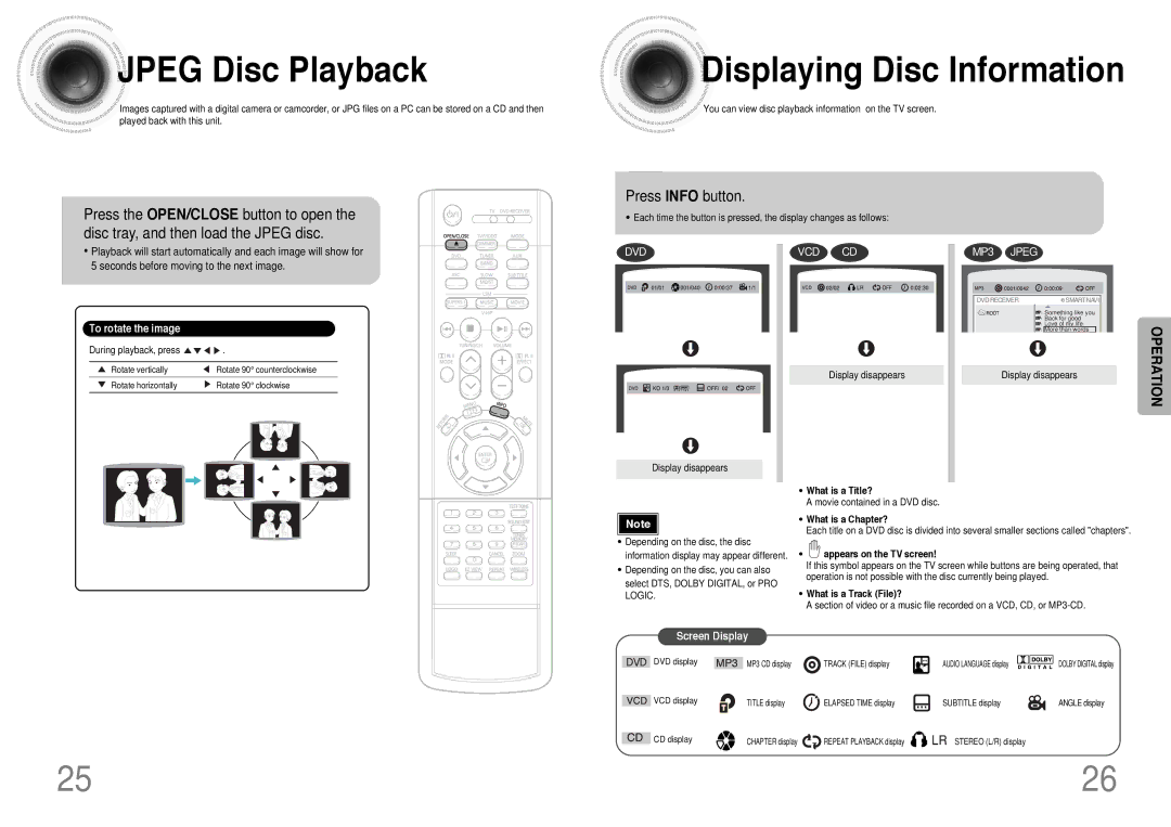 Samsung HT-DB390 instruction manual Jpeg Disc Playback Displaying Disc Information, To rotate the image 