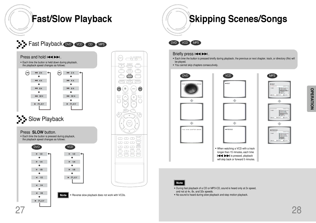 Samsung HT-DB390 Fast/Slow Playback, Skipping Scenes/Songs, Press and hold, Briefly press, Press Slow button 