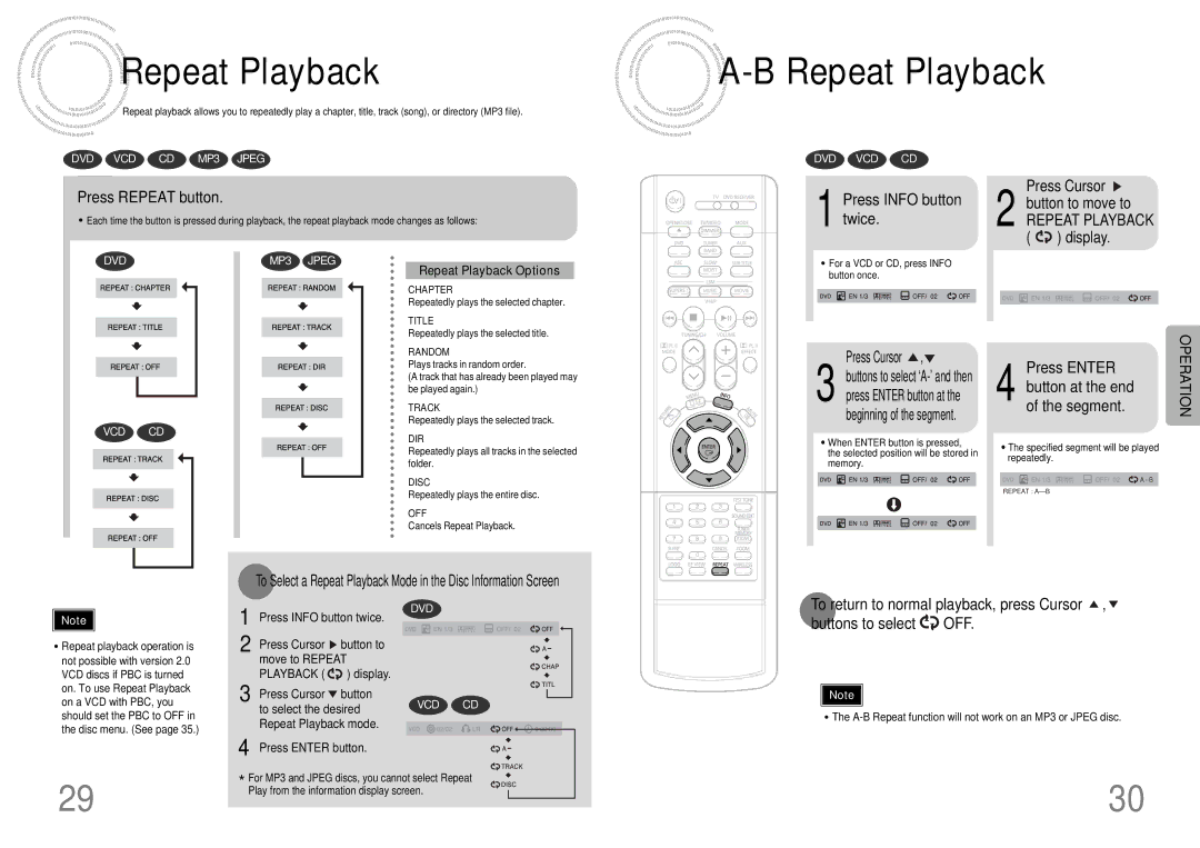 Samsung HT-DB390 Repeat Playback, Press Repeat button, Press Info button twice Press Cursor 2 button to move to 