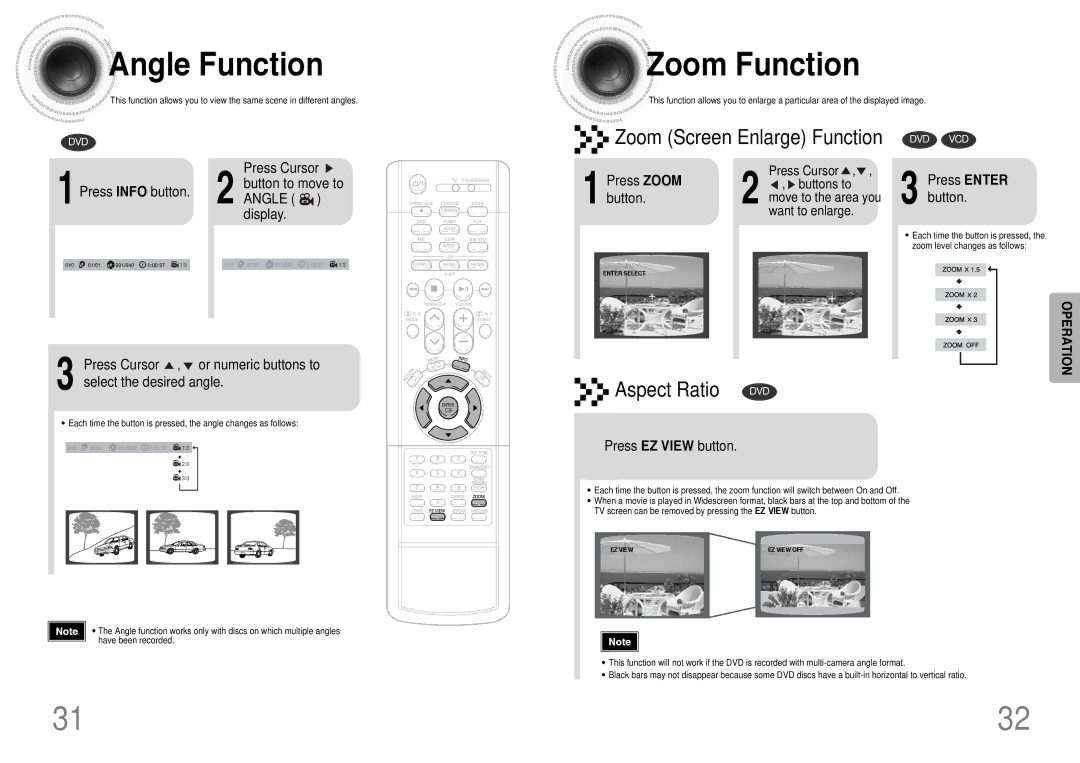 Samsung HT-DB390 instruction manual Angle Function, Zoom Function, Button, Press Enter button, Press EZ View button 