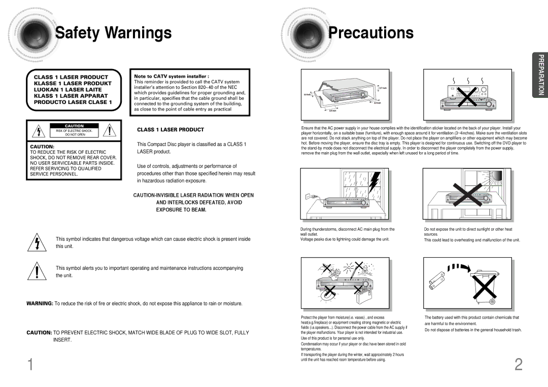 Samsung HT-DB390 instruction manual Safety Warnings Precautions, Class 1 Laser Product 