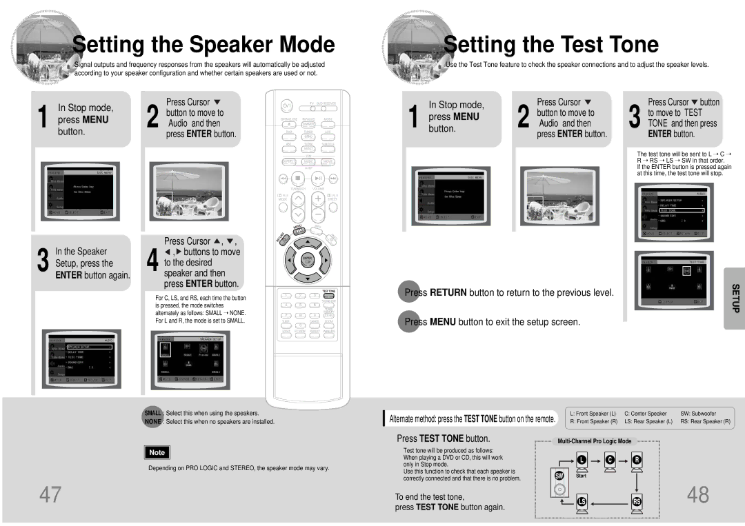 Samsung HT-DB390 Setting the Speaker Mode, Setting the Test Tone, Speaker Setup, press the Enter button again 