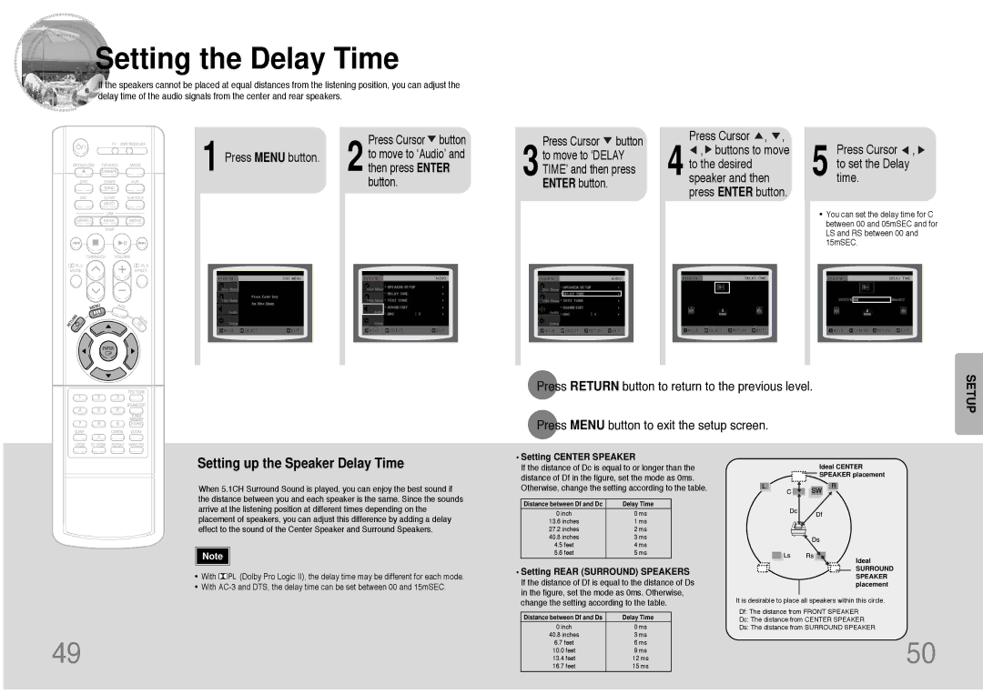 Samsung HT-DB390 instruction manual Setting the Delay Time, Press Return button to return to the previous level 