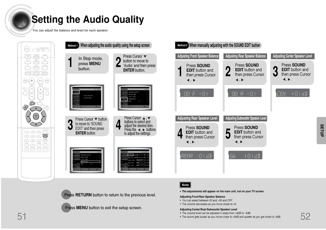 Samsung HT-DB390 Setting the Audio Quality, Press Sound Edit button and then press Cursor, ‘Audio’ and then press 