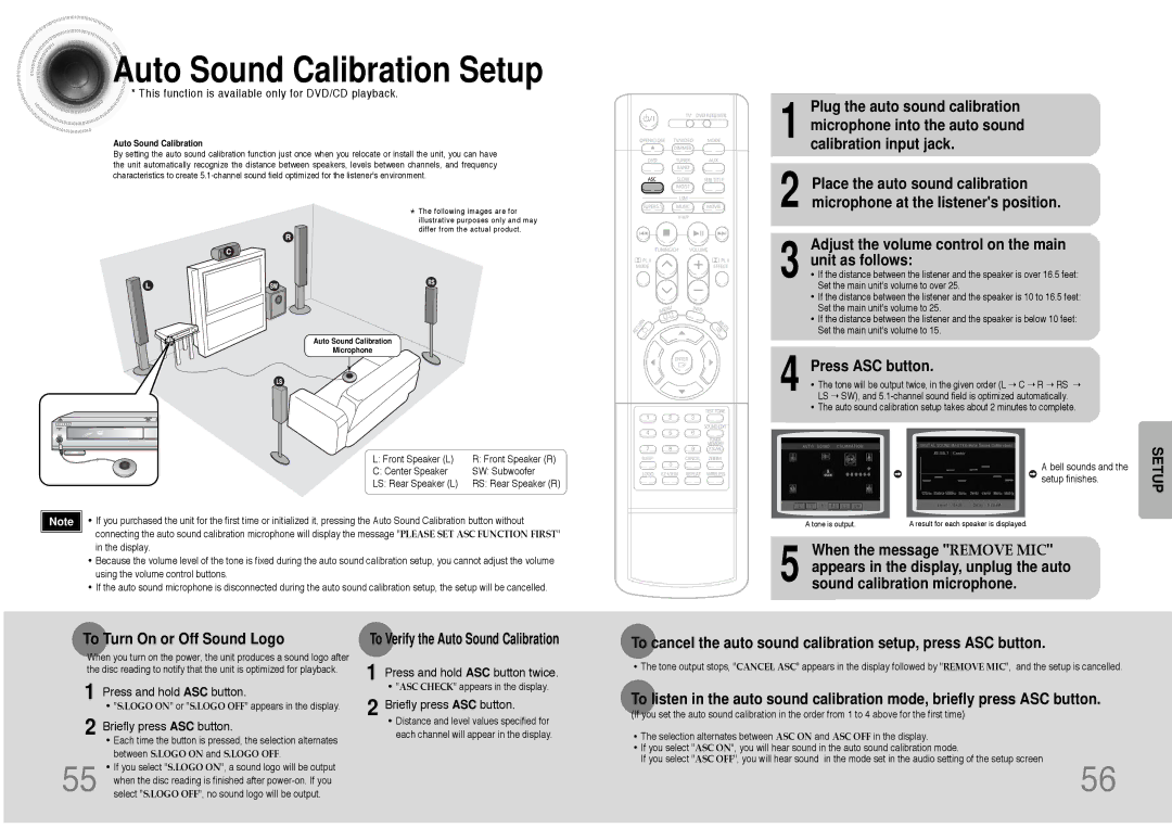 Samsung HT-DB390 instruction manual Auto Sound Calibration Setup, Press ASC button, To Turn On or Off Sound Logo 