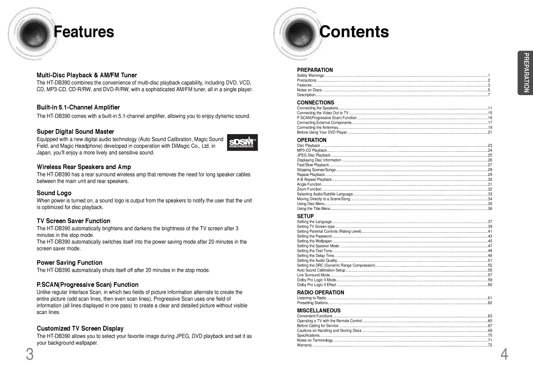 Samsung HT-DB390 instruction manual Contents 