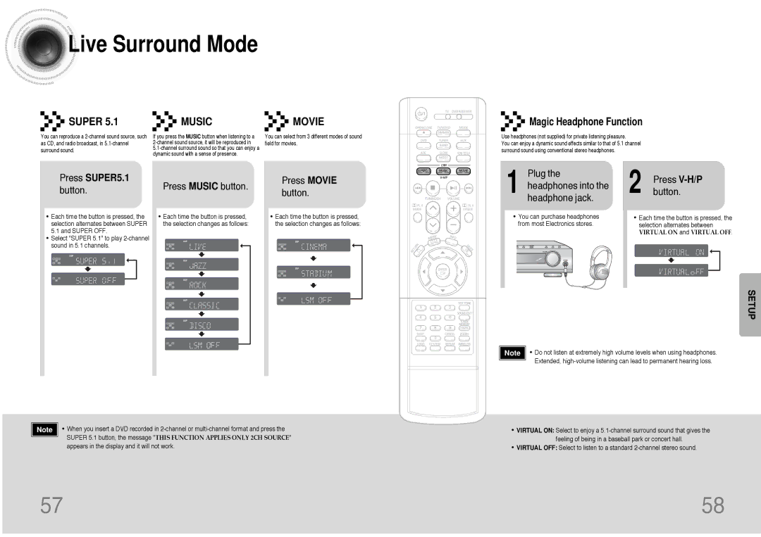 Samsung HT-DB390 Live Surround Mode, Magic Headphone Function, Press SUPER5.1 button, Music button Press Movie Button 