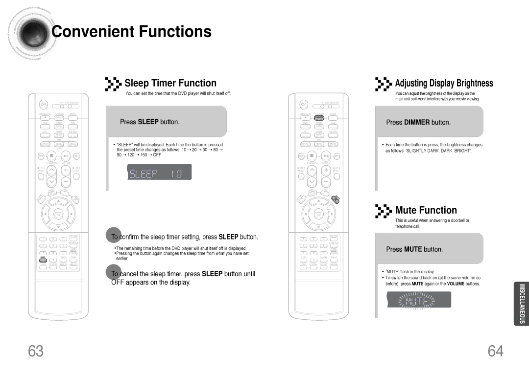 Samsung HT-DB390 Convenient Functions, Press Sleep button, To confirm the sleep timer setting, press Sleep button 