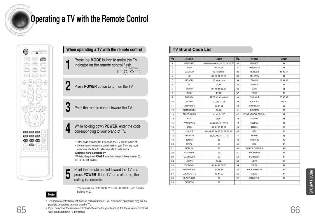 Samsung HT-DB390 instruction manual When operating a TV with the remote control, Press the Mode button to make the TV 