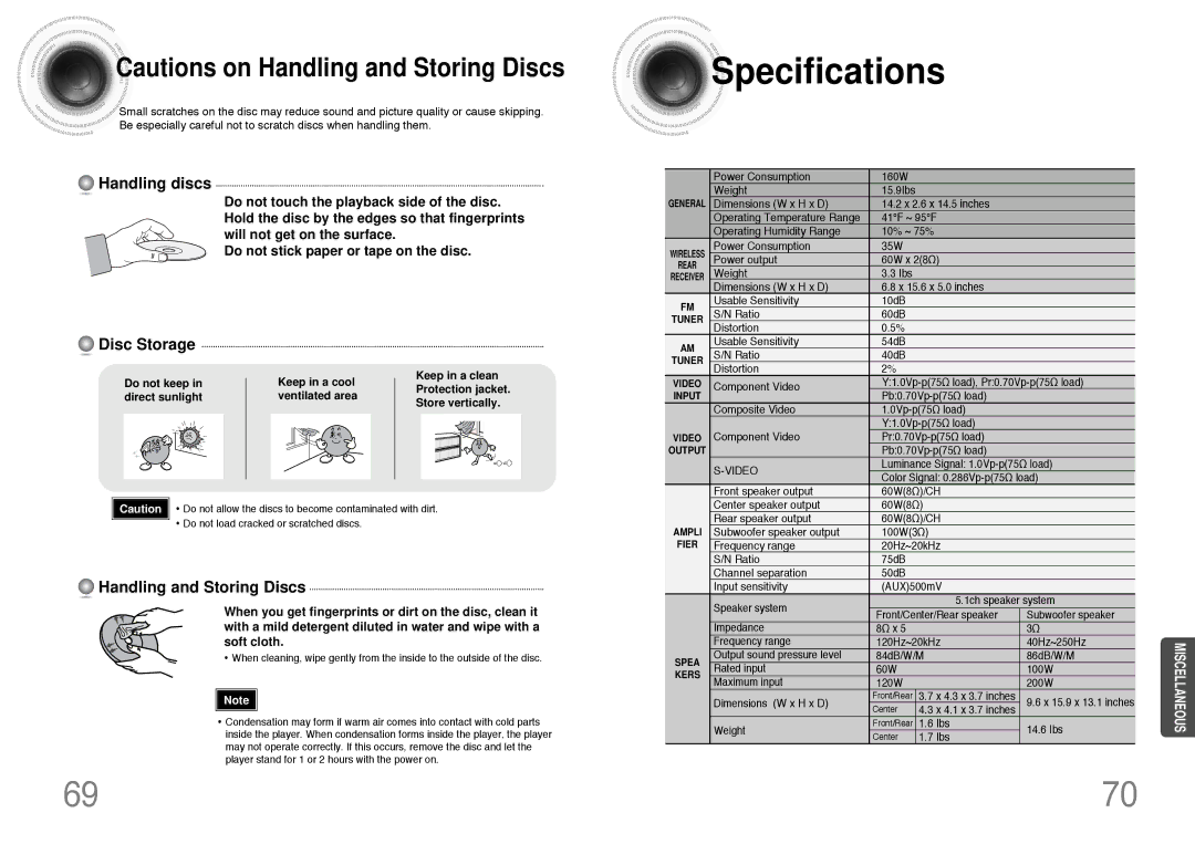 Samsung HT-DB390 instruction manual Specifications, Handling discs 