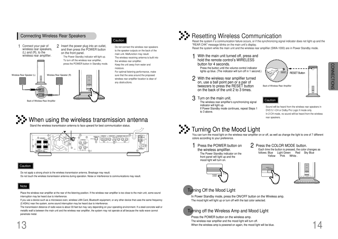 Samsung HT-DB390 instruction manual Connecting Wireless Rear Speakers, Turning Off the Mood Light, Turn on the main unit 