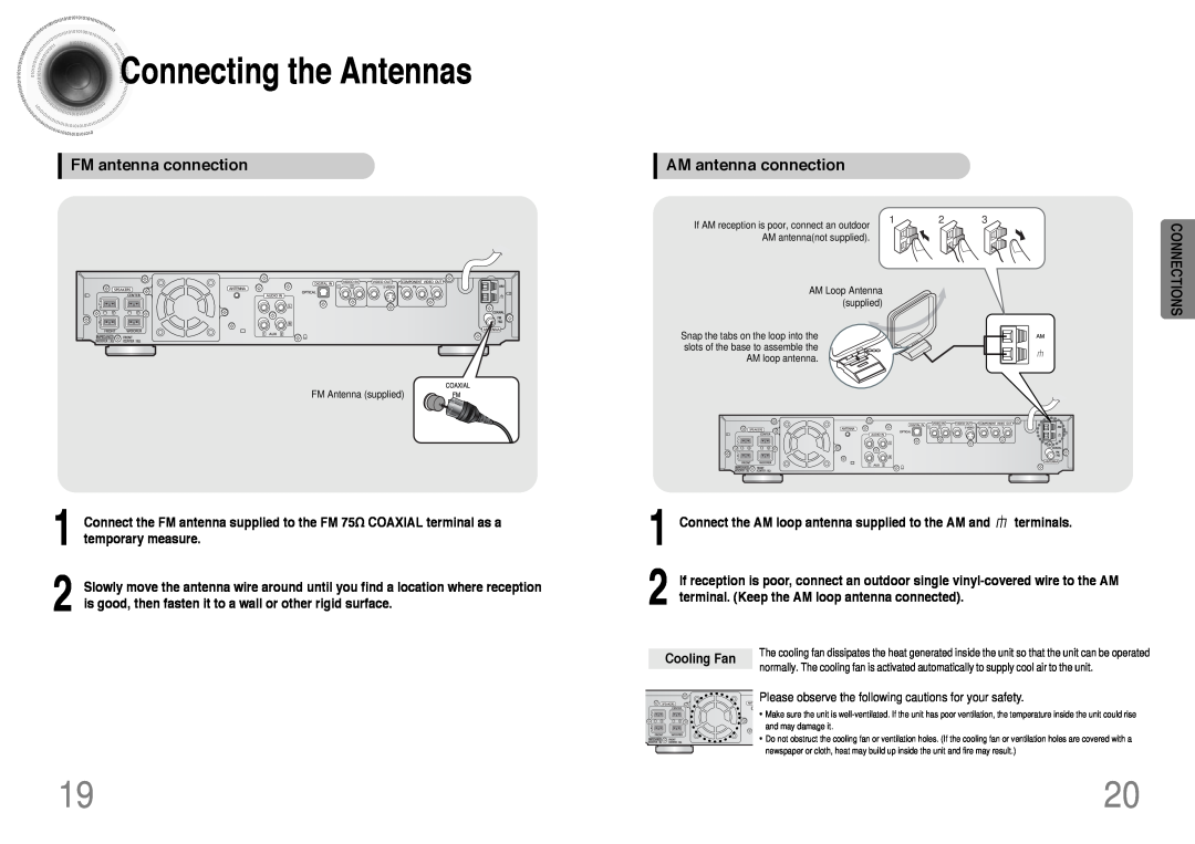Samsung HT-DB390 Connectingthe Antennas, FM antenna connection, AM antenna connection, temporary measure, Cooling Fan 