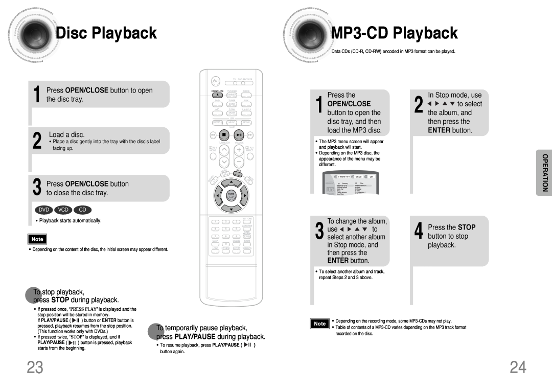 Samsung HT-DB390 instruction manual DiscPlayback, MP3 -CDPlayback, Operation 