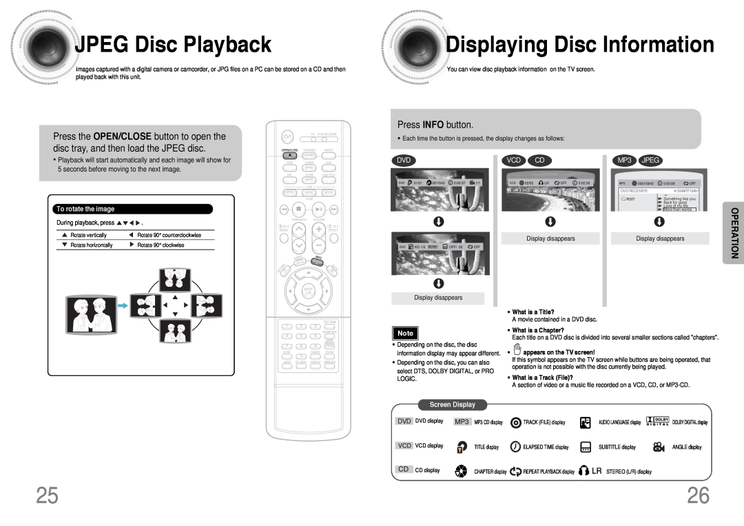 Samsung HT-DB390 JPEG Disc Playback, Displaying Disc Information, Press INFO button, Vcd Cd, MP3 JPEG, Operation 