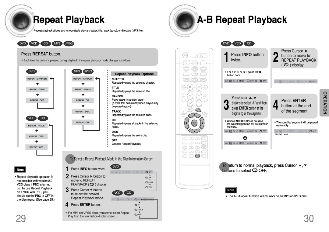 Samsung HT-DB390 RepeatPlayback, A -BRepeat Playback, Press REPEAT button, Press INFO button twice, Press ENTER, MP3 JPEG 