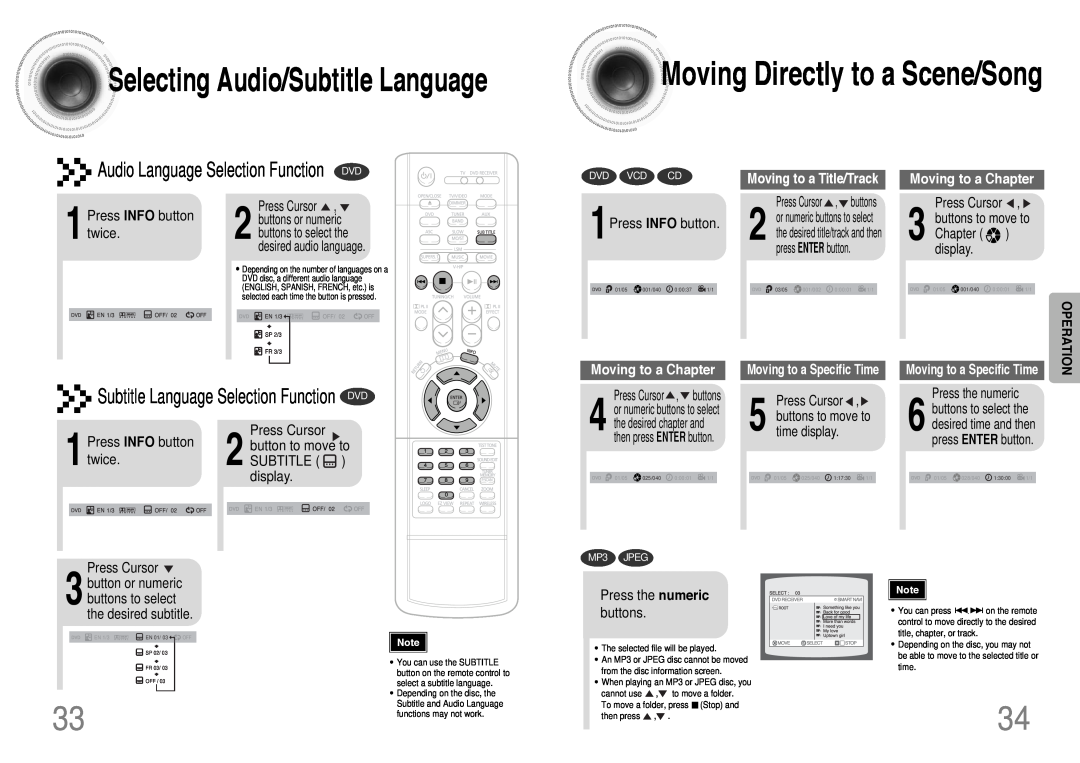 Samsung HT-DB390 SelectingAudio/Subtitle Language, Moving to a Title/Track, Moving to a Chapter, 1Press INFO button twice 