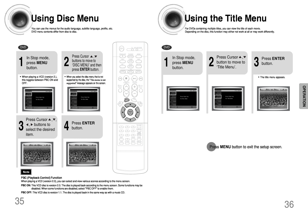 Samsung HT-DB390 instruction manual UsingDisc Menu, Usingthe Title Menu, Operation 