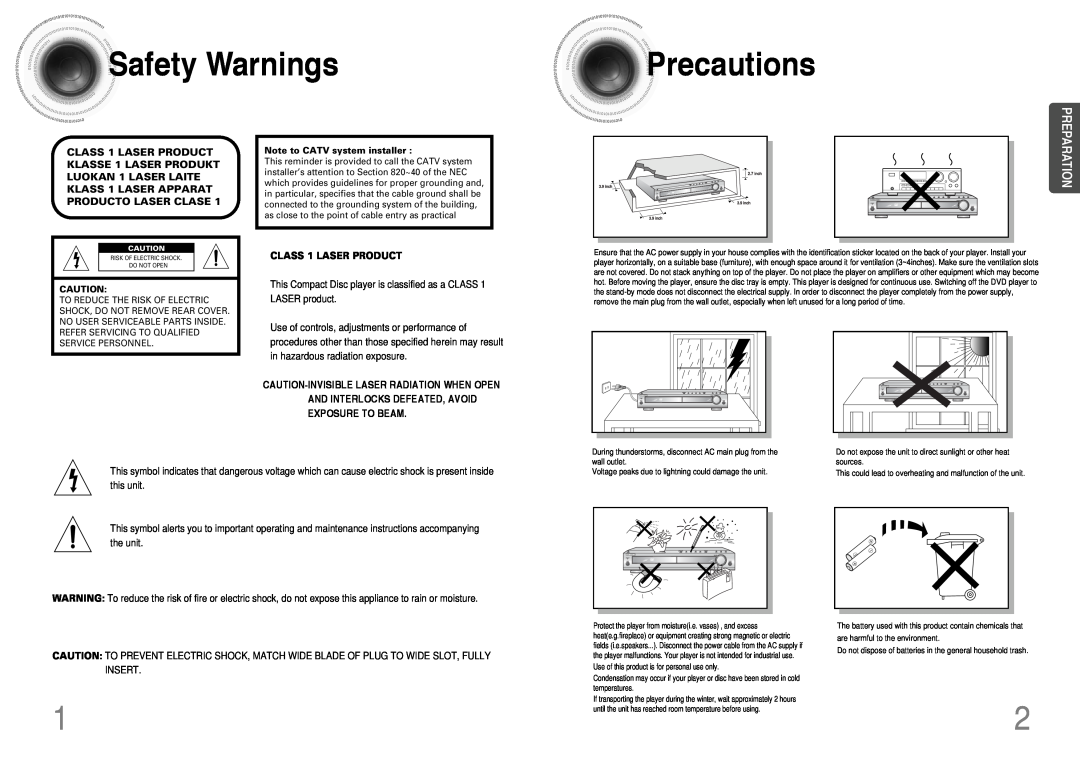 Samsung HT-DB390 instruction manual SafetyWarnings, Precautions, Preparation, CLASS 1 LASER PRODUCT 