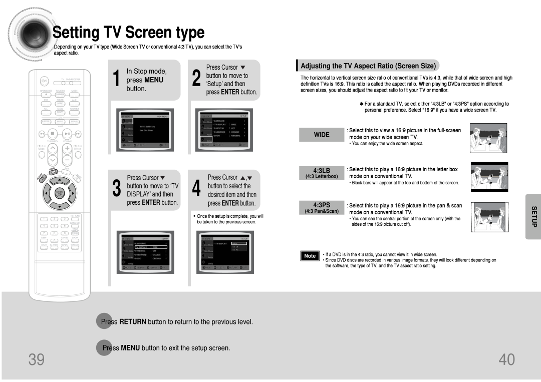 Samsung HT-DB390 SettingTV Screen type, Adjusting the TV Aspect Ratio Screen Size, WIDE 4 3LB, 4 3PS, Setup, In Stop mode 