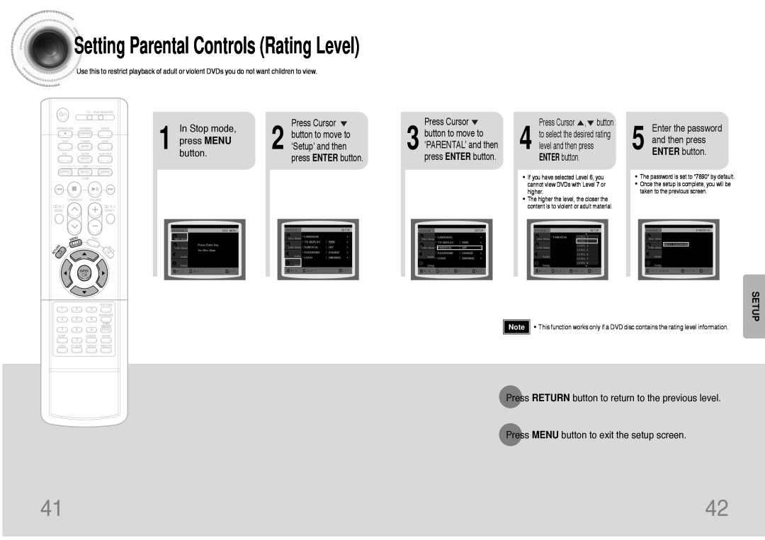Samsung HT-DB390 Setting Parental Controls Rating Level, Setup, Enter the password 5 and then press ENTER button 
