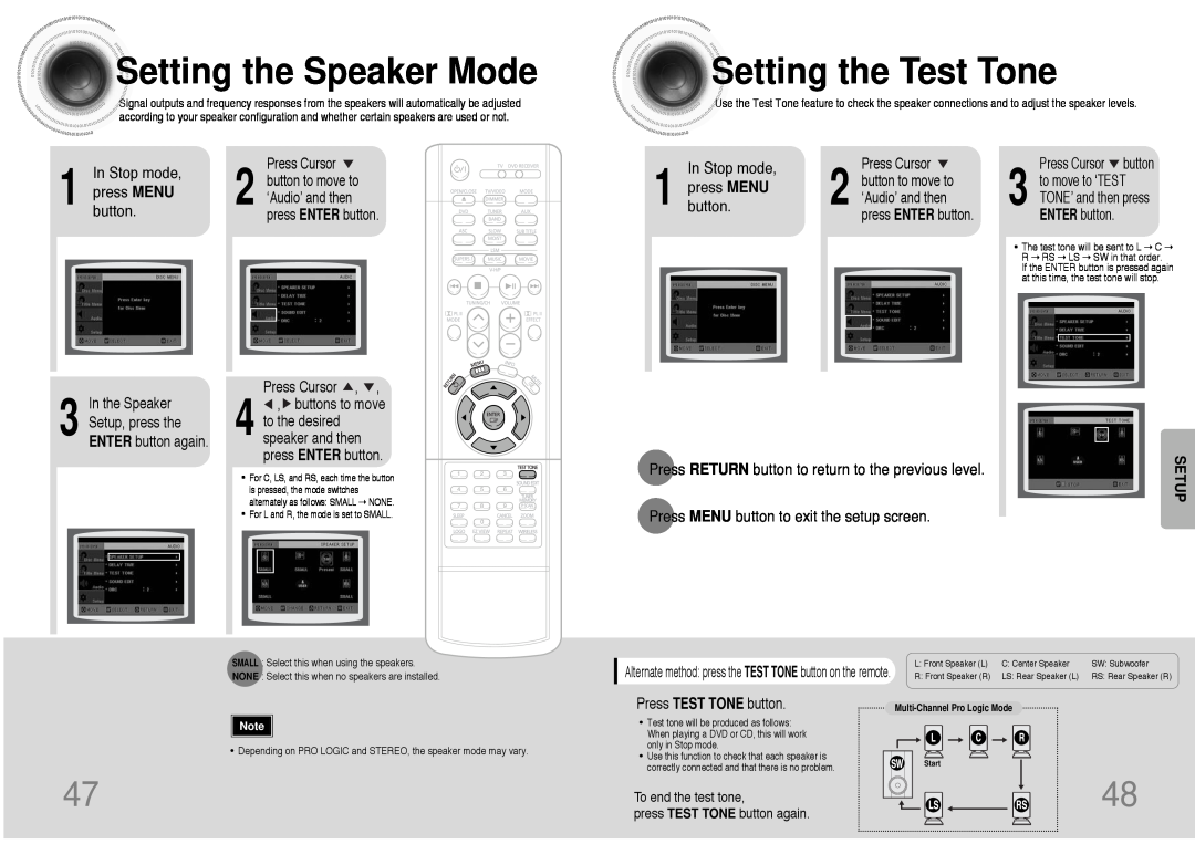 Samsung HT-DB390 Settingthe Speaker Mode, Settingthe Test Tone, Press TEST TONE button, Press Cursor 2 button to move to 