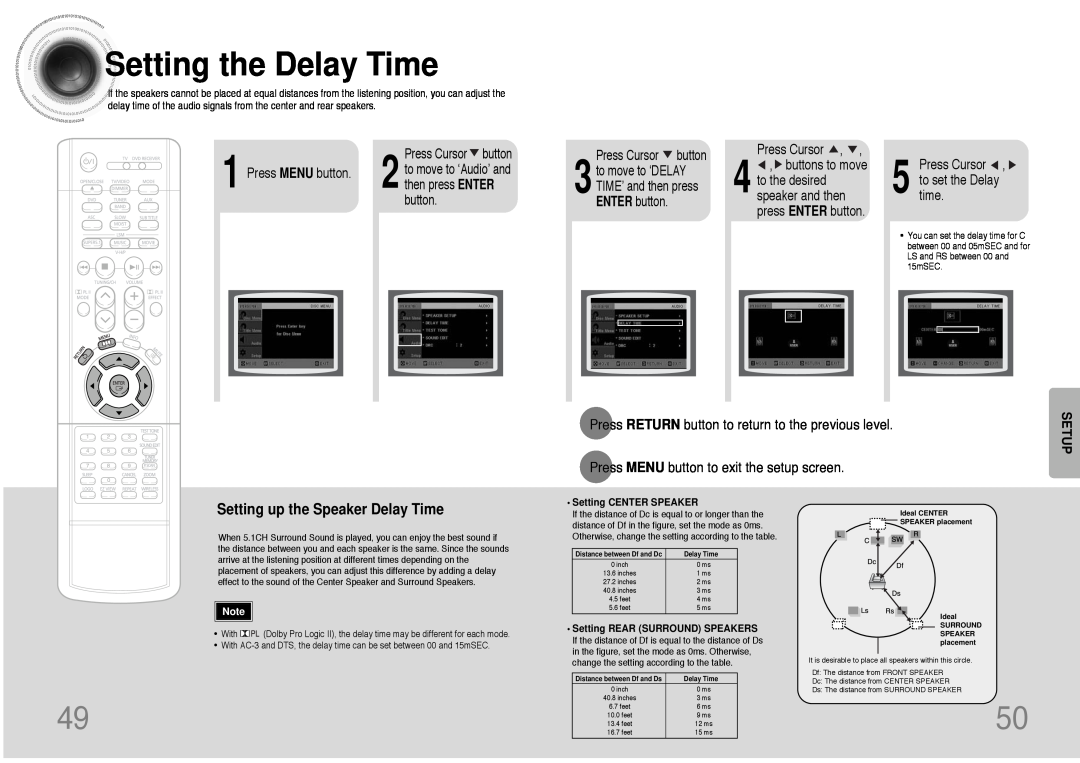 Samsung HT-DB390 Settingthe Delay Time, Setting up the Speaker Delay Time, Press Cursor , to set the Delay time, button 