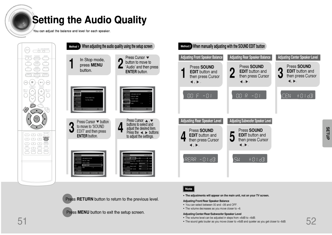 Samsung HT-DB390 Settingthe Audio Quality, In Stop mode, Press SOUND 1 EDIT button and then press Cursor, ENTER button 