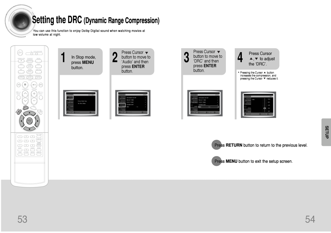 Samsung HT-DB390 instruction manual Setting the DRC Dynamic Range Compression, Setup 