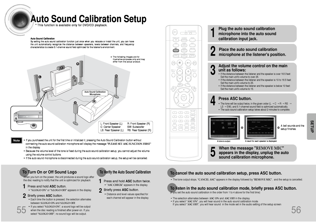 Samsung HT-DB390 Auto Sound Calibration Setup, Adjust the volume control on the main, unit as follows, Press ASC button 