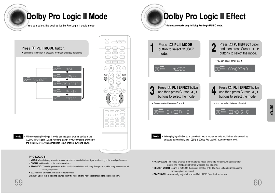 Samsung HT-DB390 DolbyPro Logic II Mode, DolbyPro Logic II Effect, Press PL II MODE button, and then press Cursor, Setup 