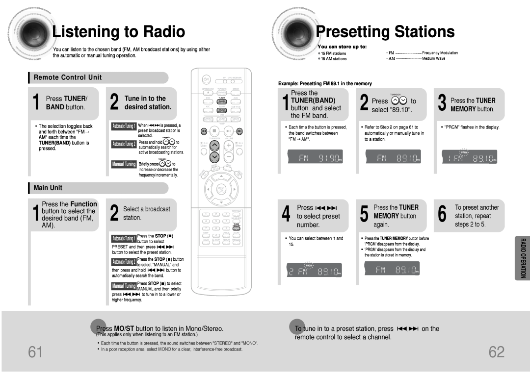 Samsung HT-DB390 Listeningto Radio, PresettingStations, Radio Operation, Remote Control Unit, Press TUNER BAND button 