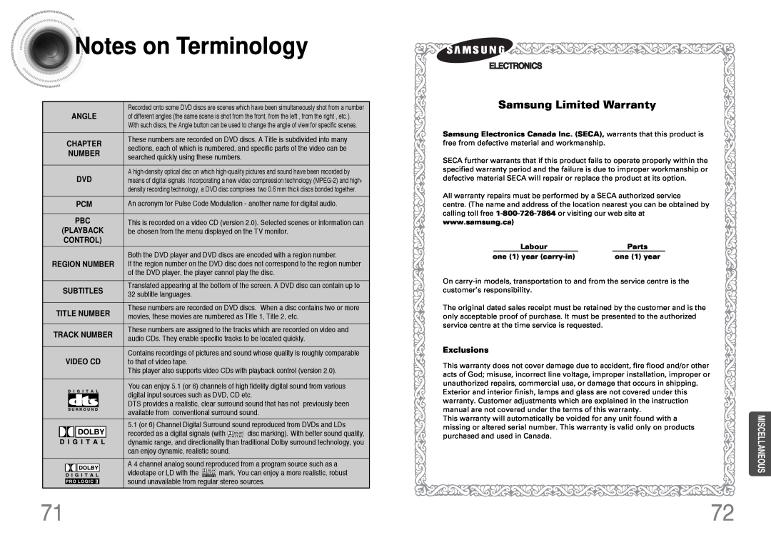 Samsung HT-DB390 Noteson Terminology, Angle, Chapter, Region Number, Subtitles, Title Number, Track Number, Video Cd 