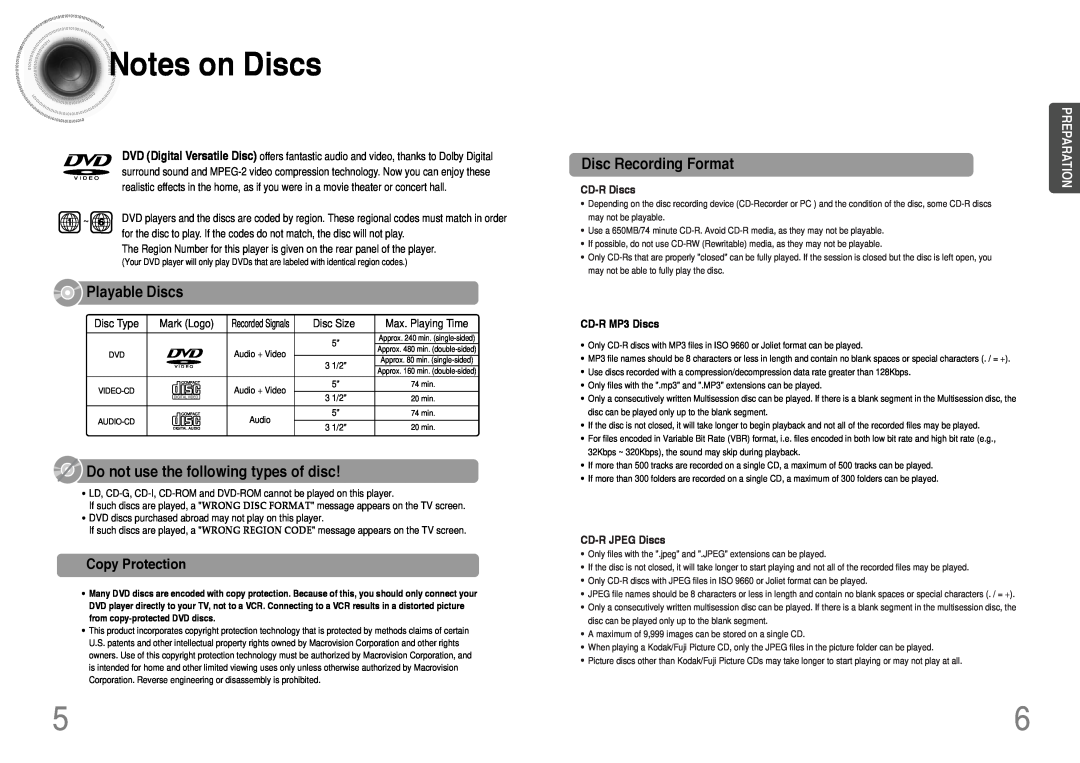 Samsung HT-DB390 Noteson Discs, Playable Discs, Do not use the following types of disc, Disc Recording Format, Disc Size 