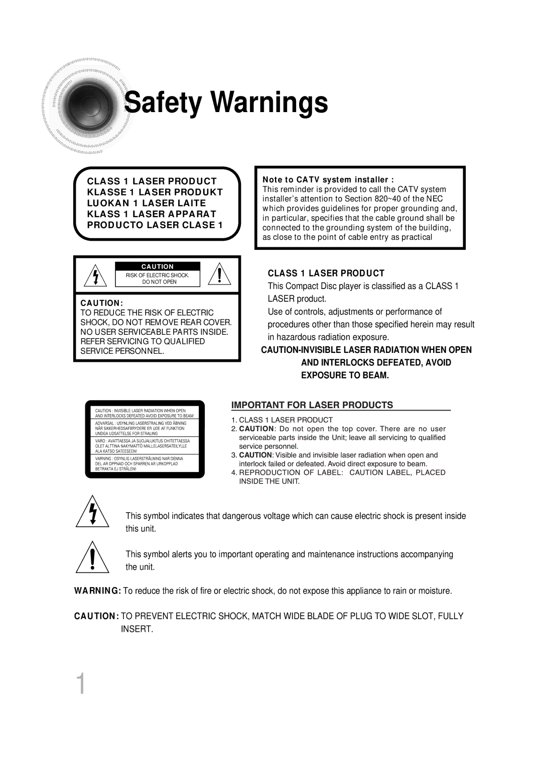 Samsung HT-DB400M instruction manual Safety Warnings, Class 1 Laser Product 