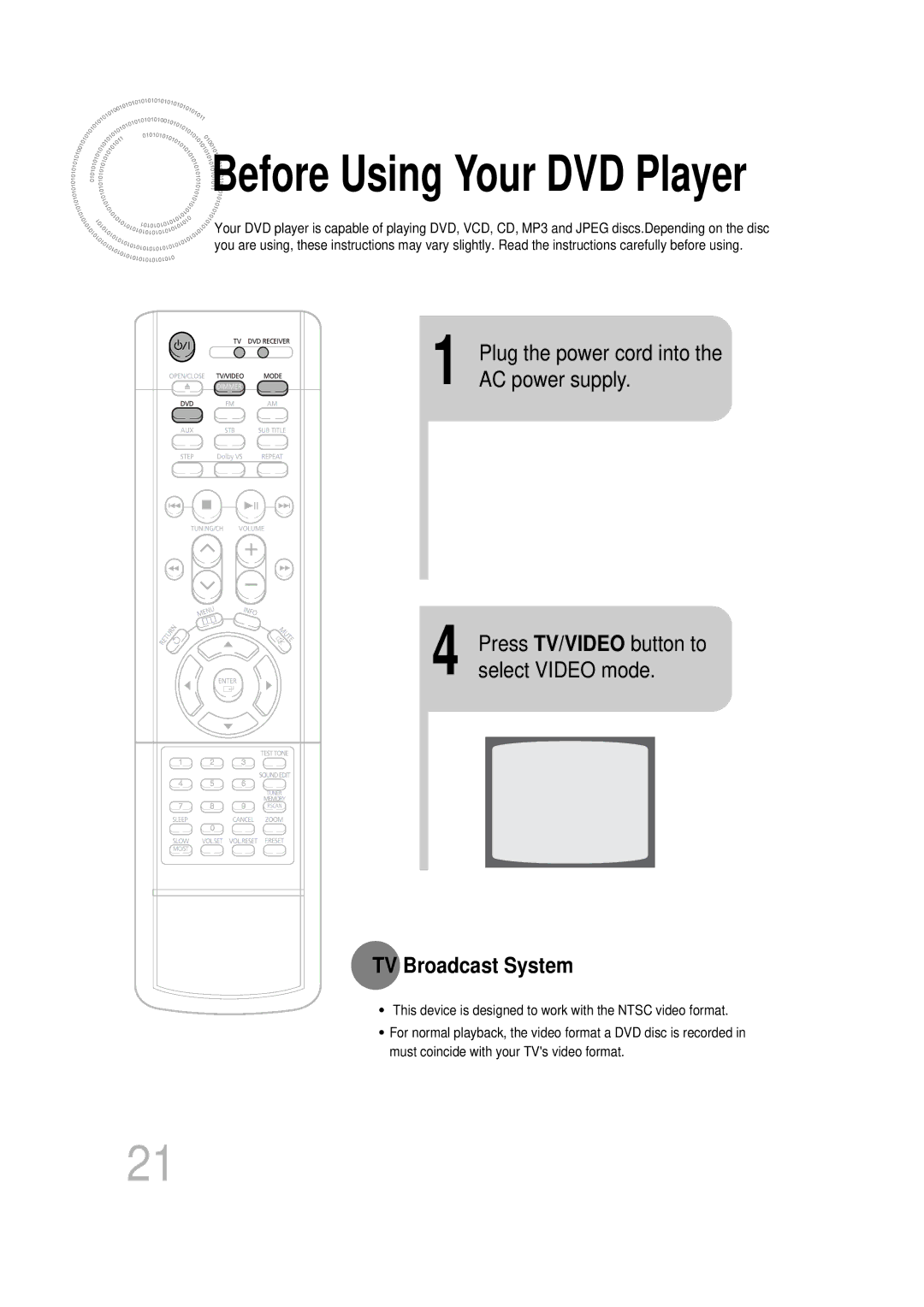 Samsung HT-DB400M instruction manual AC power supply, TV Broadcast System 