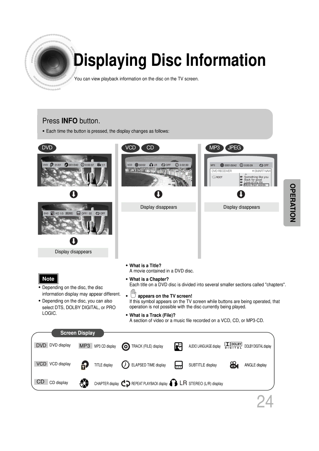 Samsung HT-DB400M instruction manual Displaying Disc Information, Press Info button 