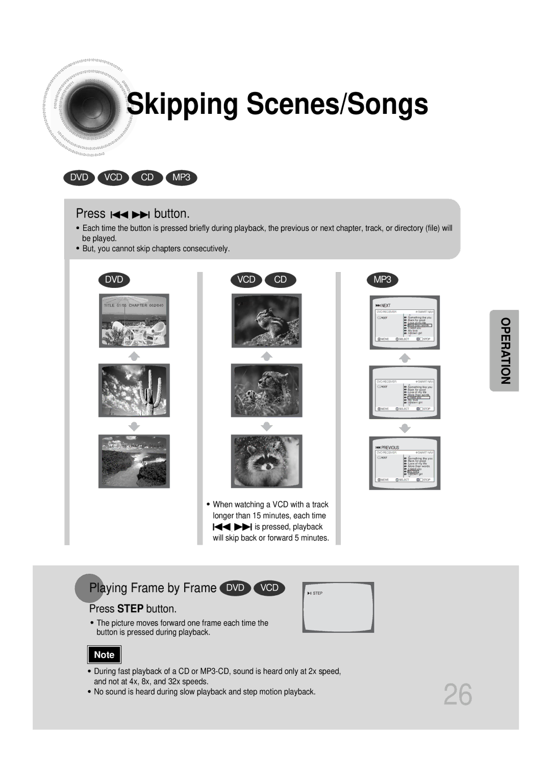 Samsung HT-DB400M instruction manual Skipping Scenes/Songs, Playing Frame by Frame DVD VCD 