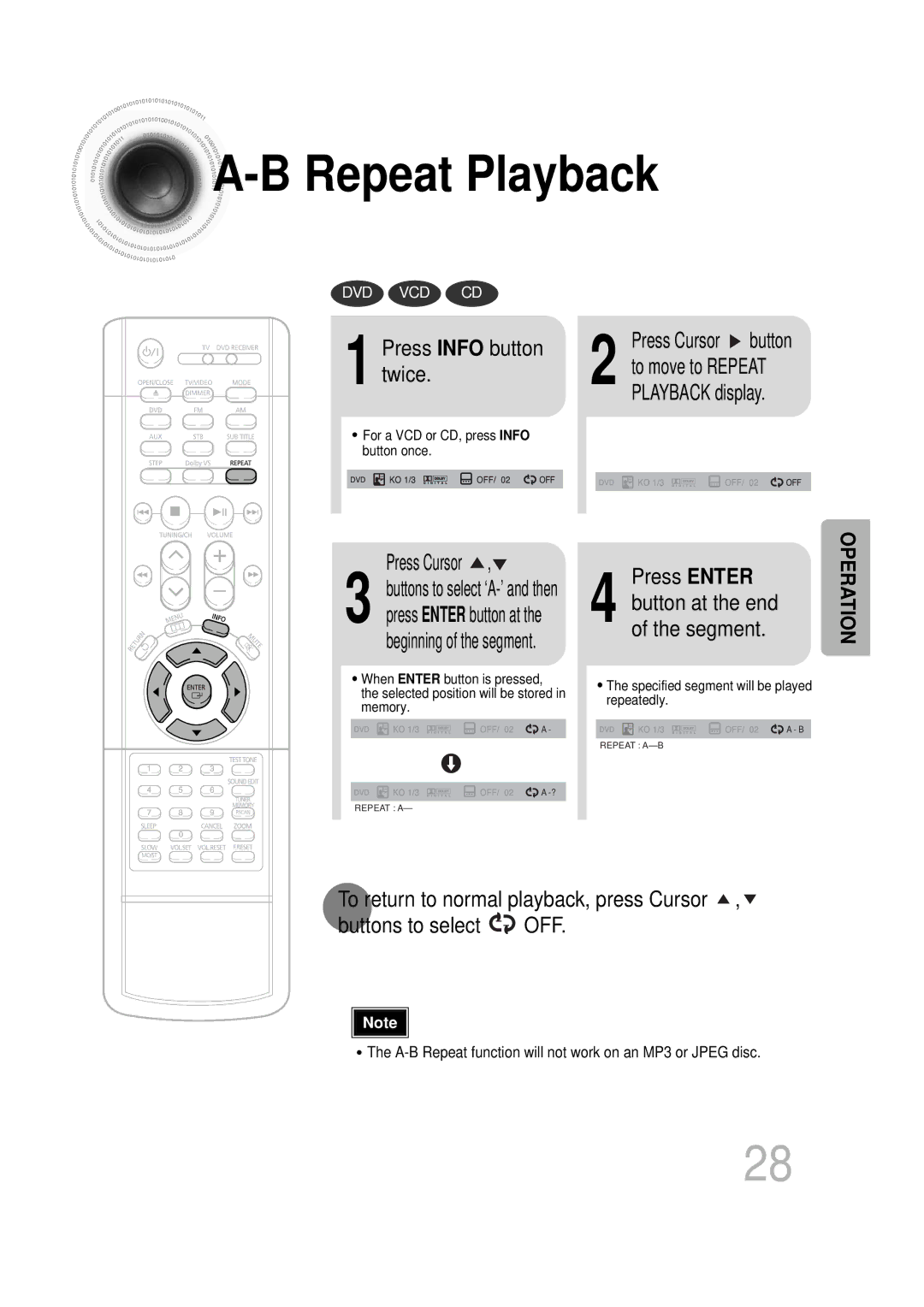 Samsung HT-DB400M instruction manual Press Info button twice, Press Cursor, Press Enter 