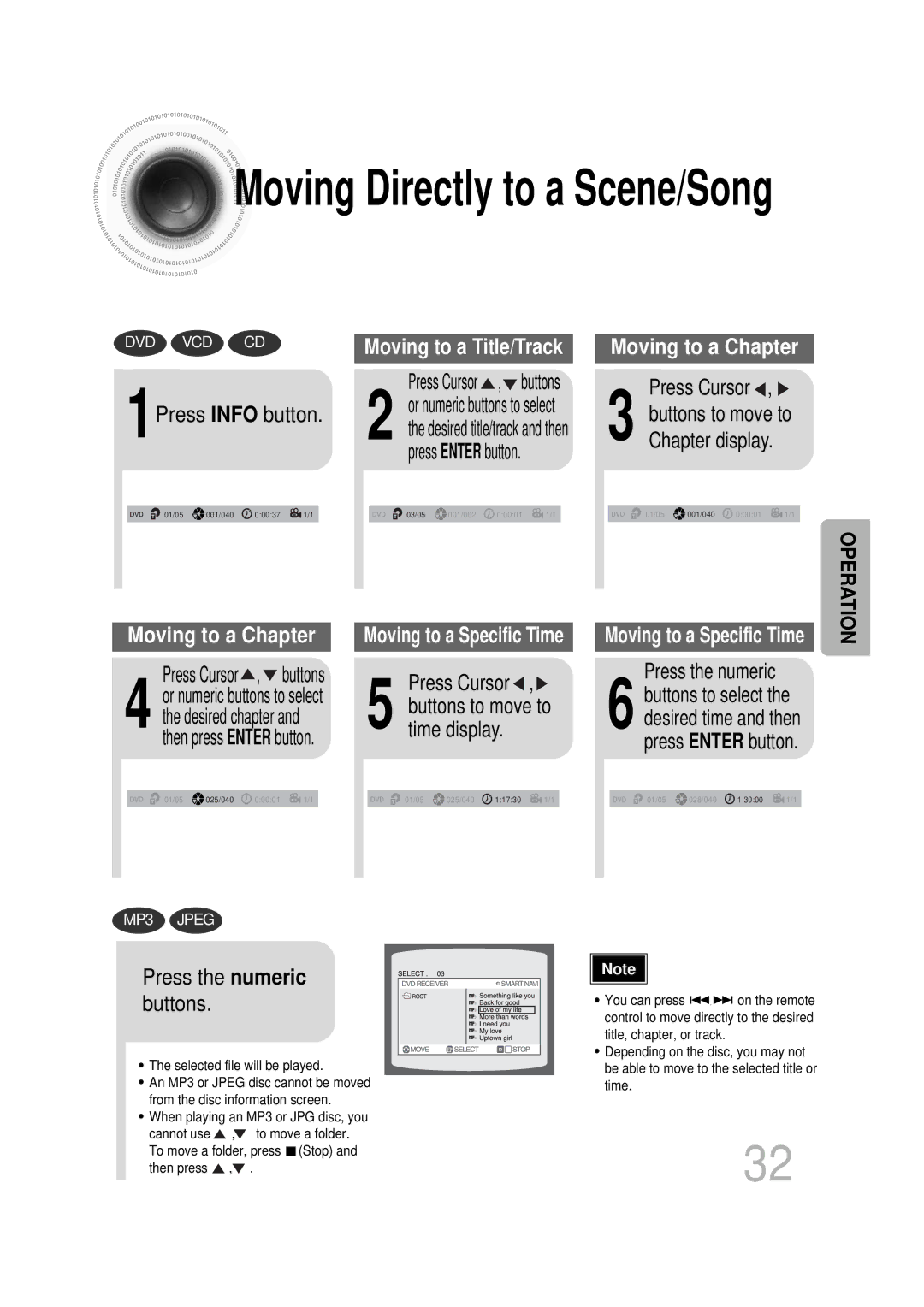 Samsung HT-DB400M 1Press Info button, Press Cursor , buttons, Time display, Chapter display, Press the numeric 