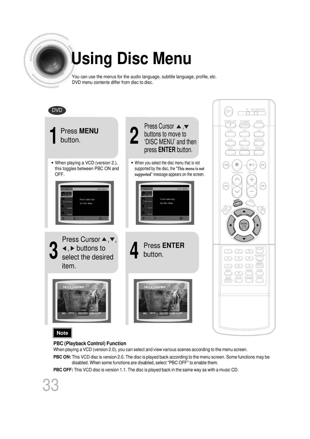 Samsung HT-DB400M instruction manual Using Disc Menu, Press Cursor Buttons to Press Enter 