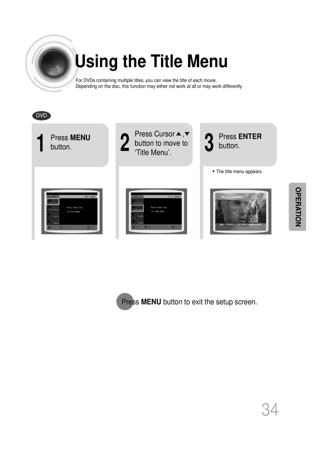 Samsung HT-DB400M instruction manual Using the Title Menu, Press Menu, Button to move to, Button ‘Title Menu’ 