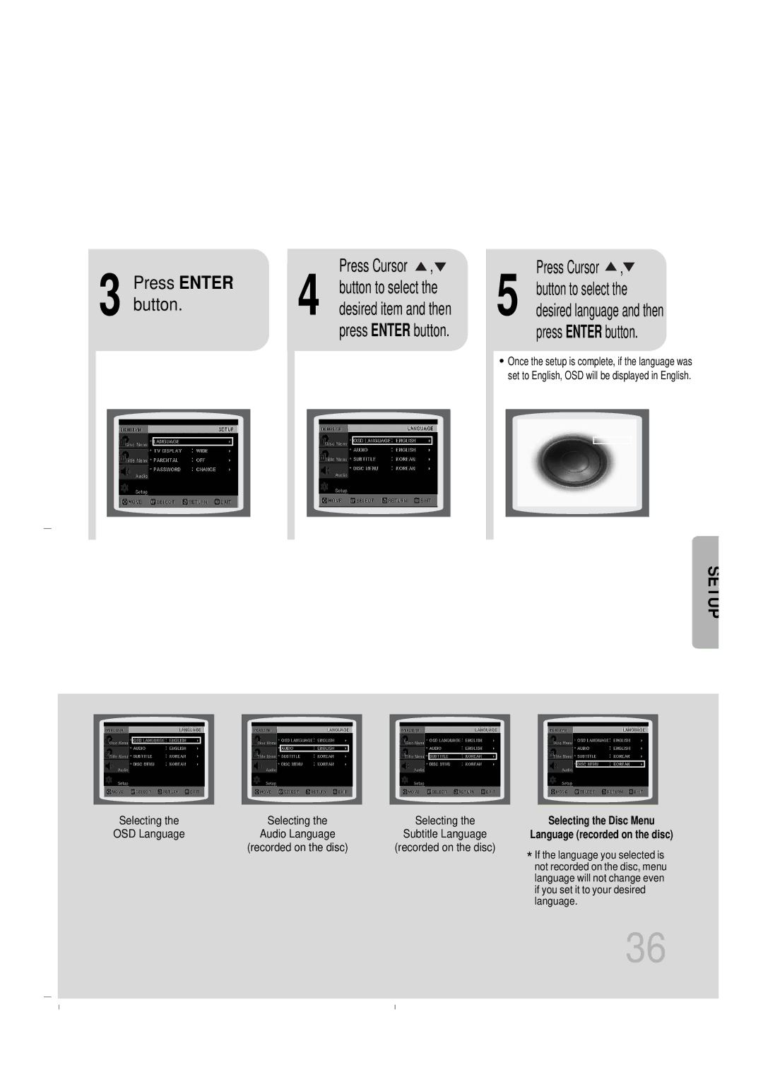 Samsung HT-DB400M instruction manual Press Enter Press Cursor, Press Enter button 