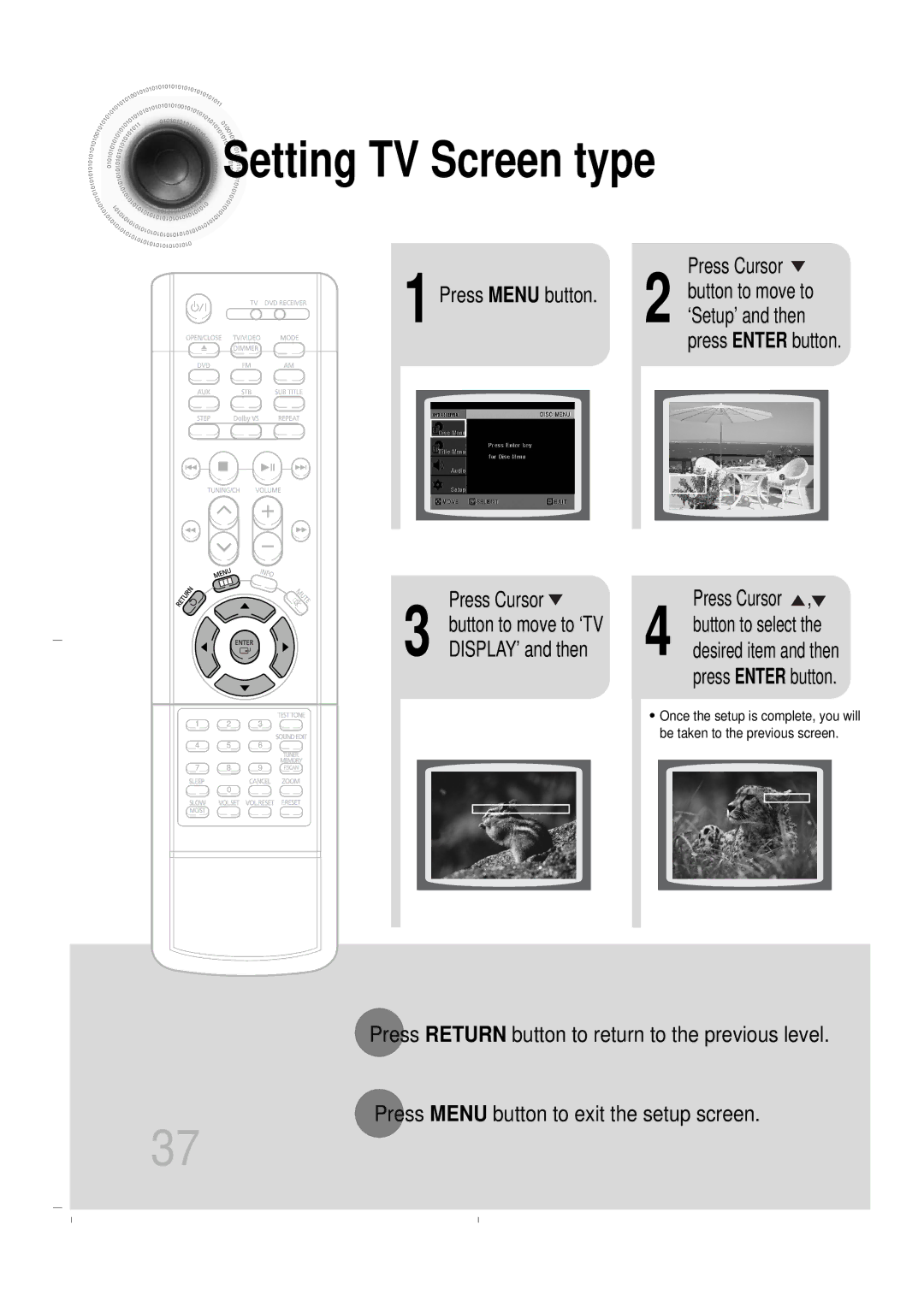 Samsung HT-DB400M instruction manual Setting TV Screen type, Press Enter button 