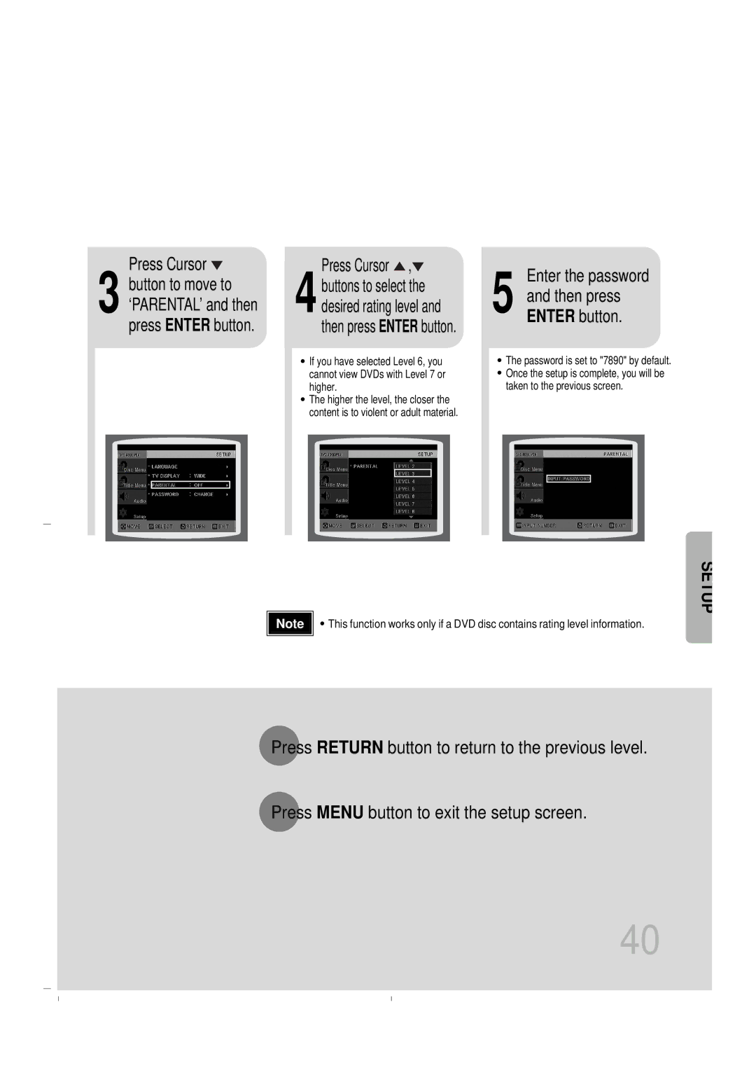 Samsung HT-DB400M instruction manual Enter the password, ‘PARENTAL’ and then press Enter button 