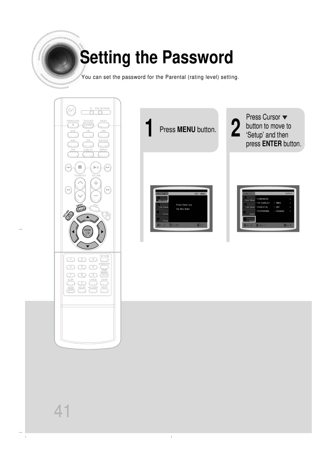 Samsung HT-DB400M instruction manual Setting the Password, Press Cursor Button to move to Press Menu button 