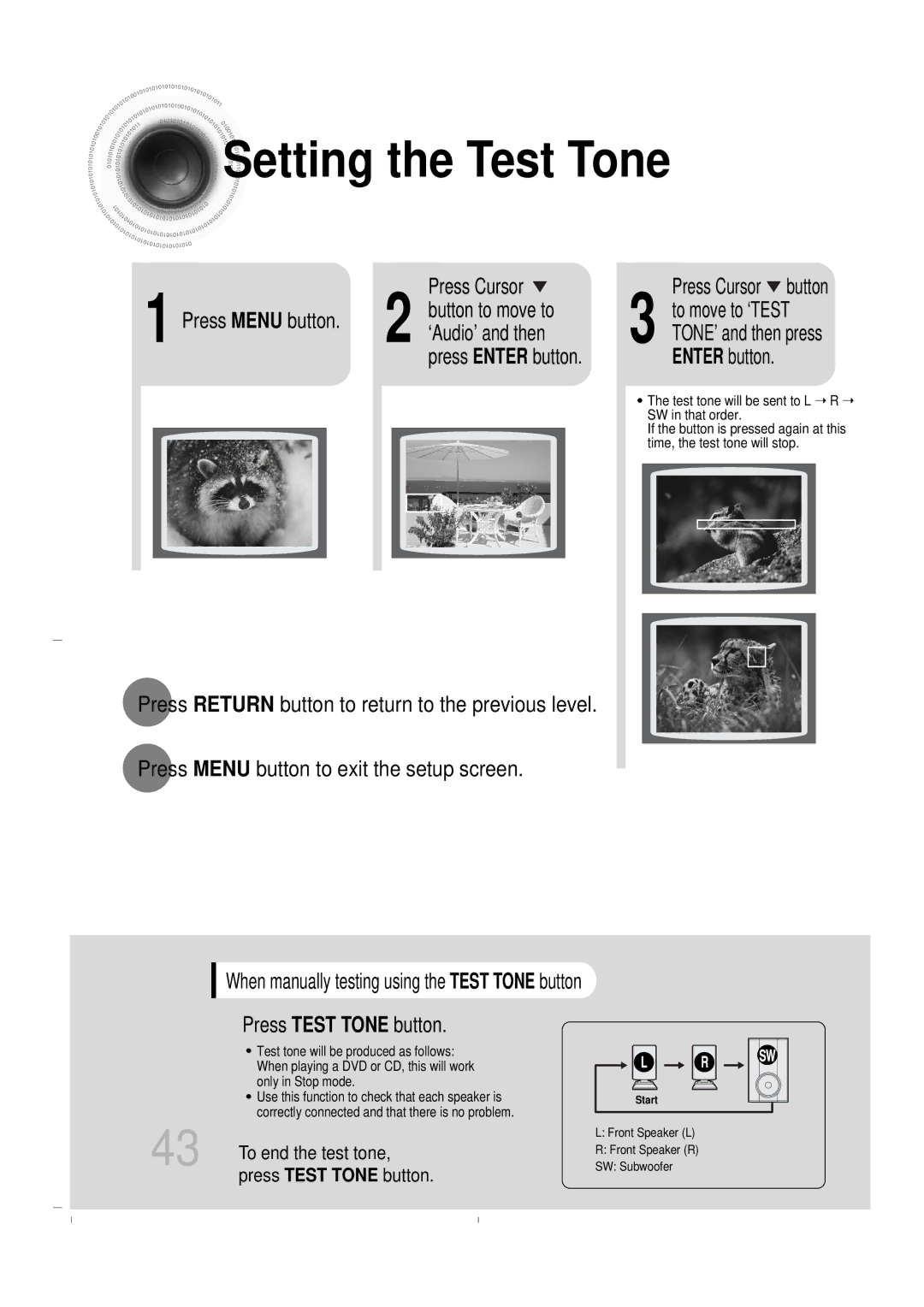 Samsung HT-DB400M instruction manual Setting the Test Tone, ‘Audio’ and then 