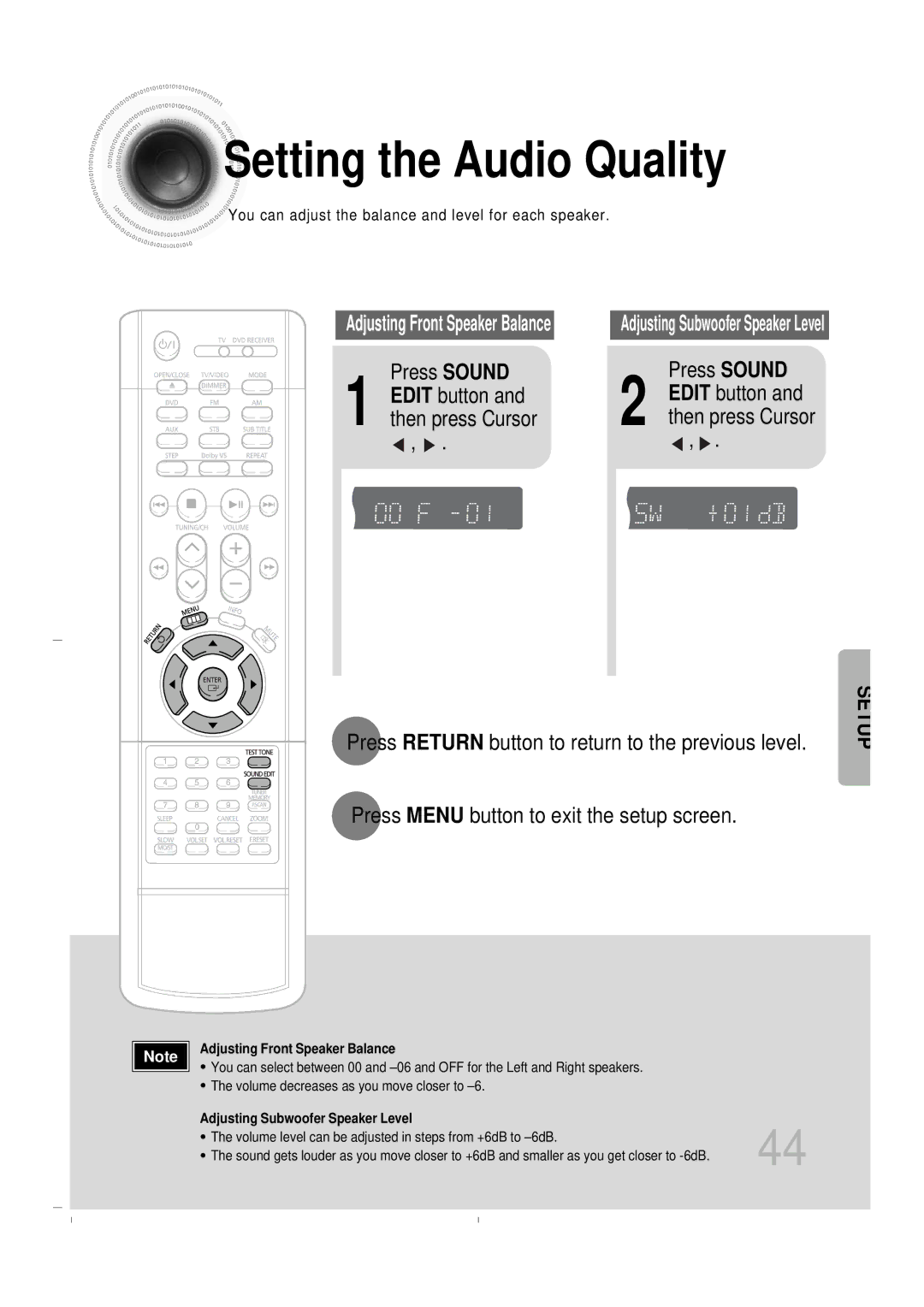Samsung HT-DB400M instruction manual Setting the Audio Quality, Press Sound 