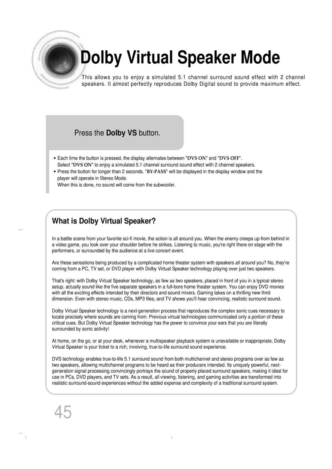 Samsung HT-DB400M instruction manual Press the Dolby VS button, What is Dolby Virtual Speaker? 